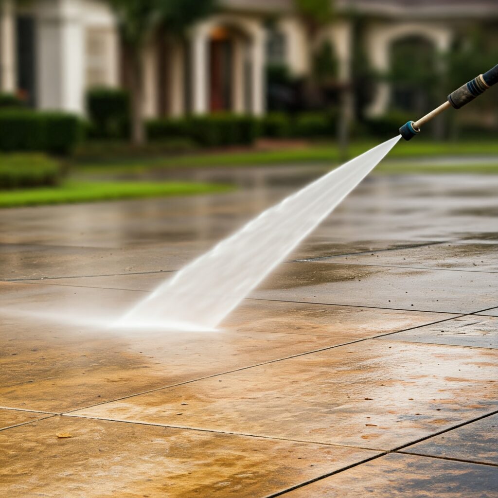 Concrete driveway being pressure washed with a strong water jet to remove dirt and grime.