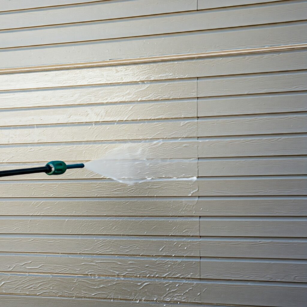 Home siding being cleaned with soft washing to prevent surface damage