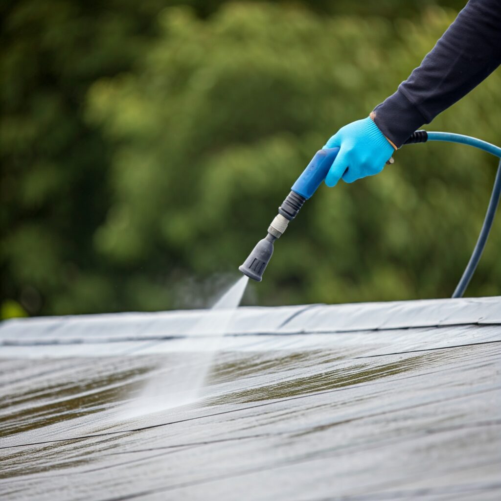 Technician performing soft washing on a roof with low pressure and cleaning solution.