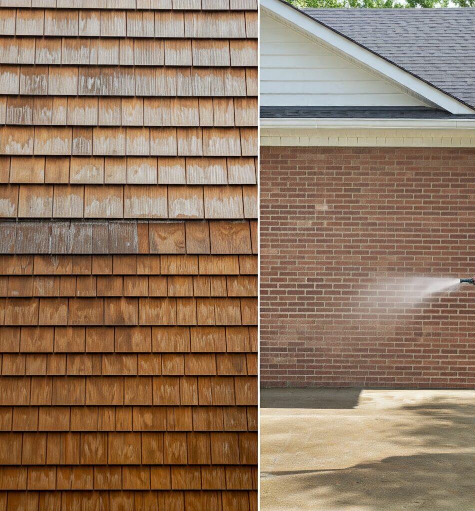 Comparison of soft washing and pressure washing on different surfaces, showcasing water pressure differences.